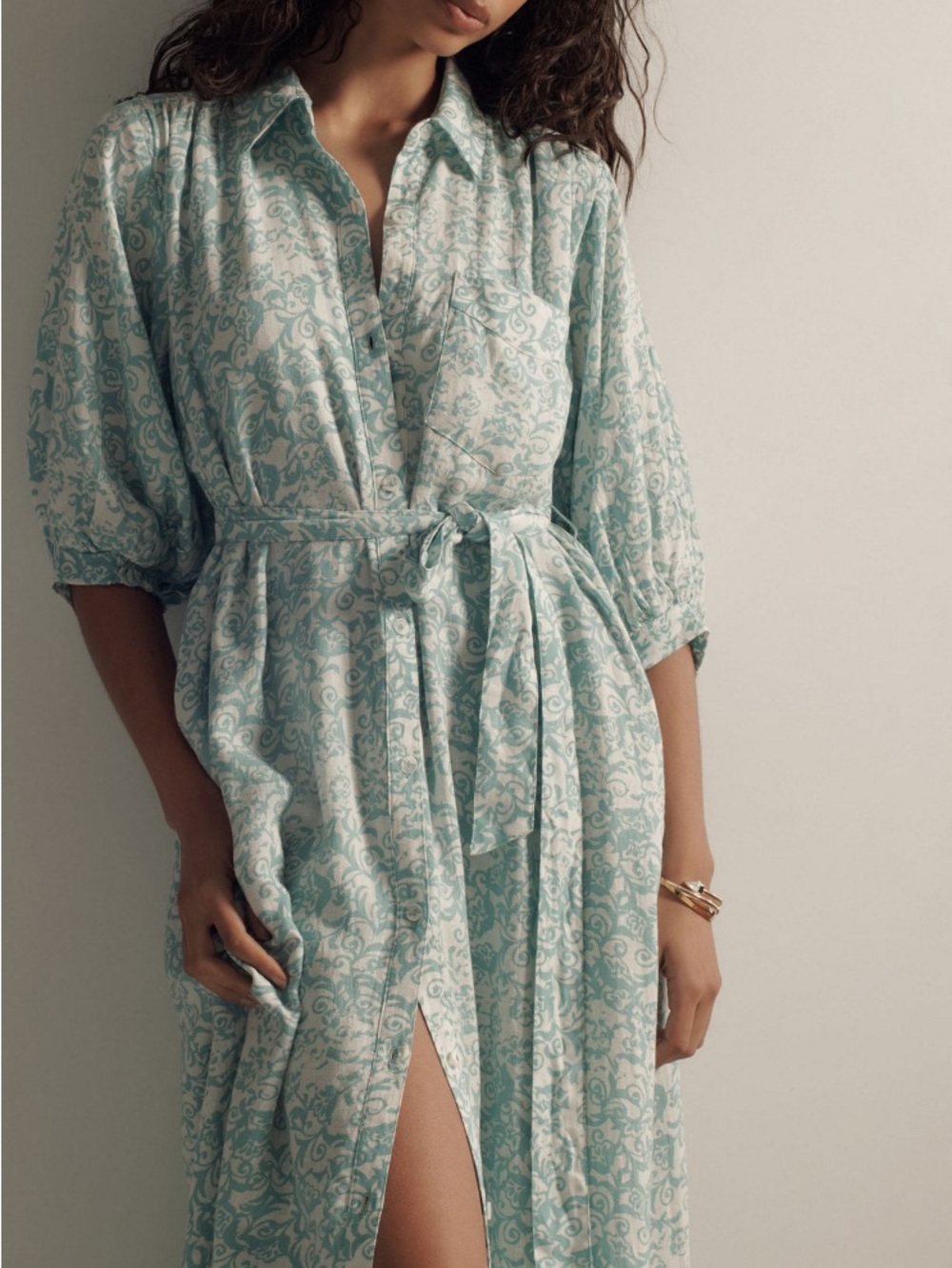 Maeve Mint Green and White Paisley Maxi Shirt Dress- Mona Linen Shirt Dress
